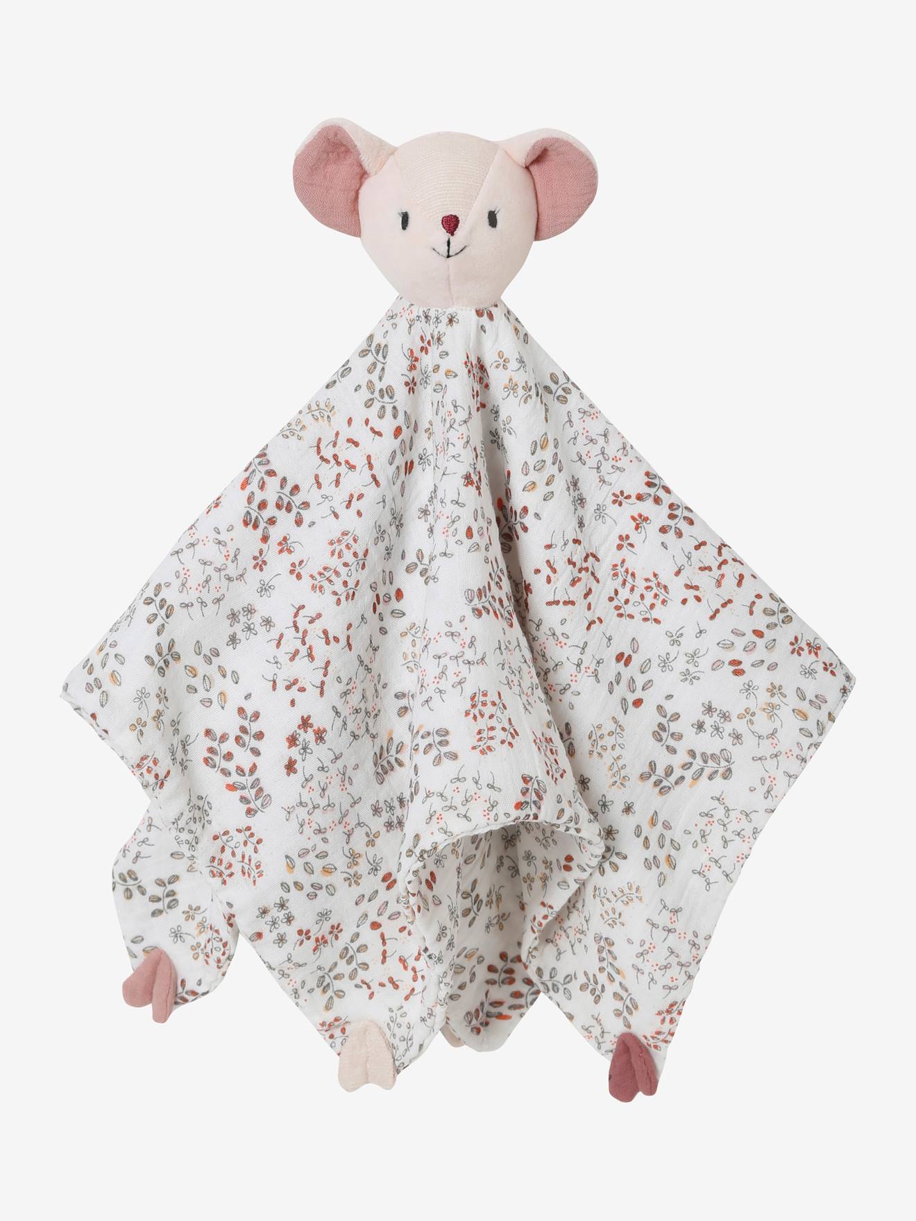 Doudou quadrado de gaze de algodão, liso, tamanho médio, branco, com estampas.