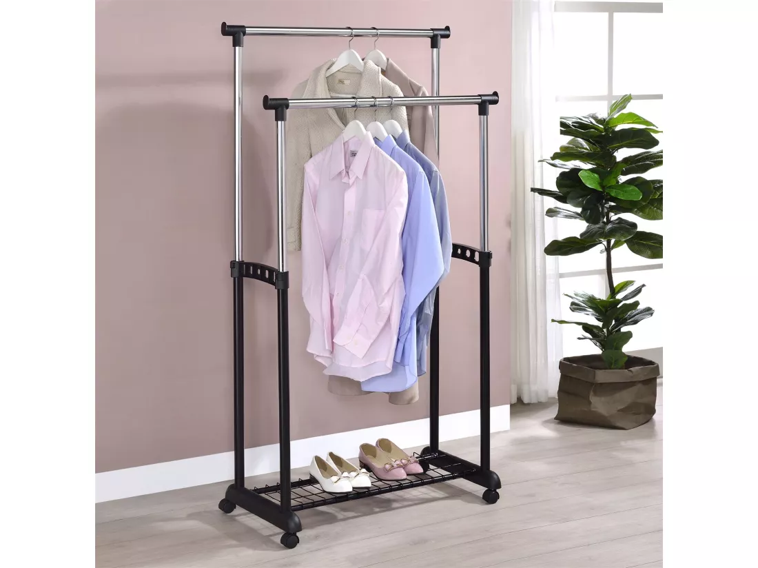 Portant à vêtements GROSSO penderie double sur roulettes vestiaire mobile 2 barres de hauteur réglable et 1 tablette, chromé et noir