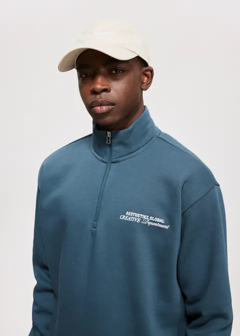 Half zip sweater met tekst blauw (PETROL)