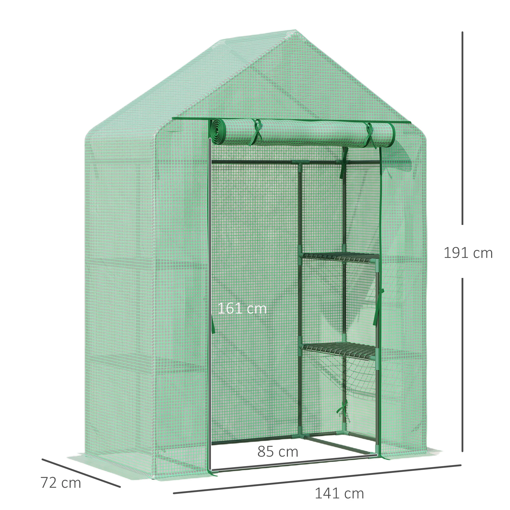 Estufa de jardim Outsunny 141x72x191 cm com 4 prateleiras, porta de enrolar, cobertura em PE de 140g/m² e estrutura de aço para cultivo de plantas, vasos, flores e muito mais.