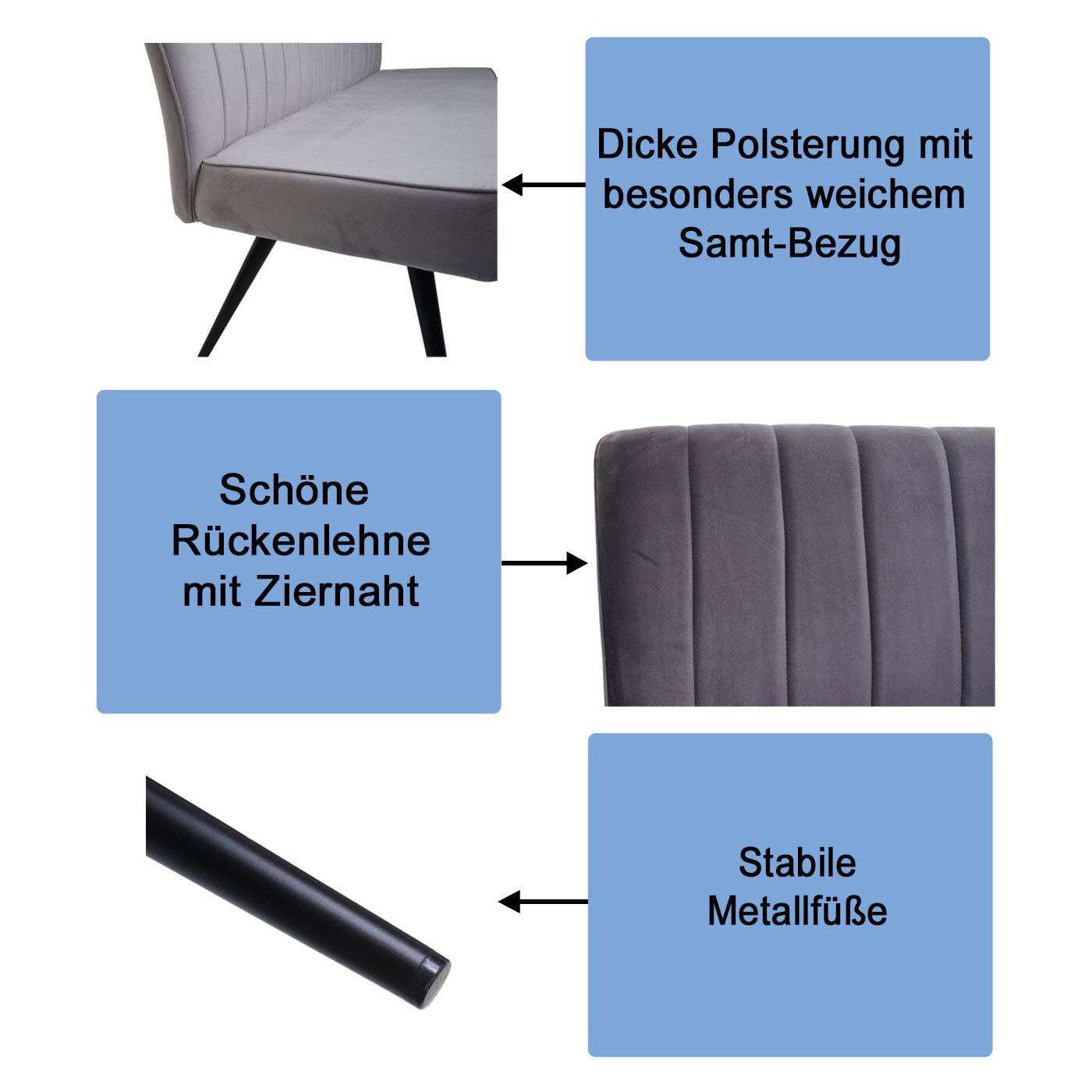 Sitzbank MCW-K16, Esszimmerbank Bank Polsterbank Garderobenbank, Rückenlehne Samt Metall ~ 160cm dunkelgrau