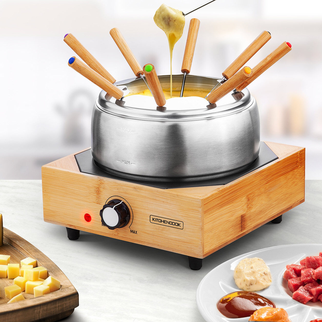 Kitchencook Appareil de fondue avec base en bambou ecowood inox multicolore
