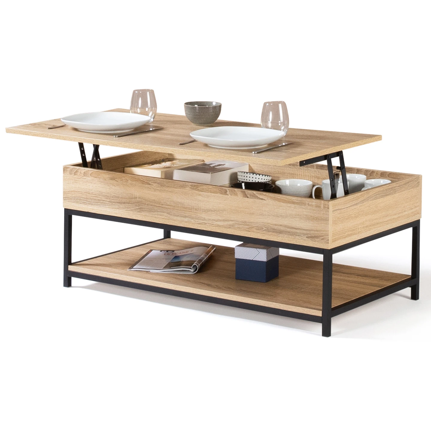 Table basse plateau relevable intégral rectangulaire DETROIT et étagère inférieure design industriel