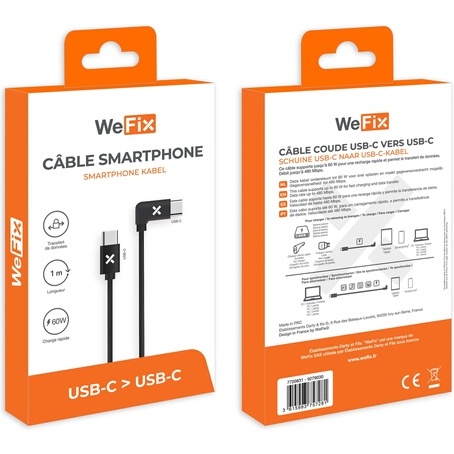 Câble téléphone portable Wefix Cable coude USB-C vers USB-C 1M Noir