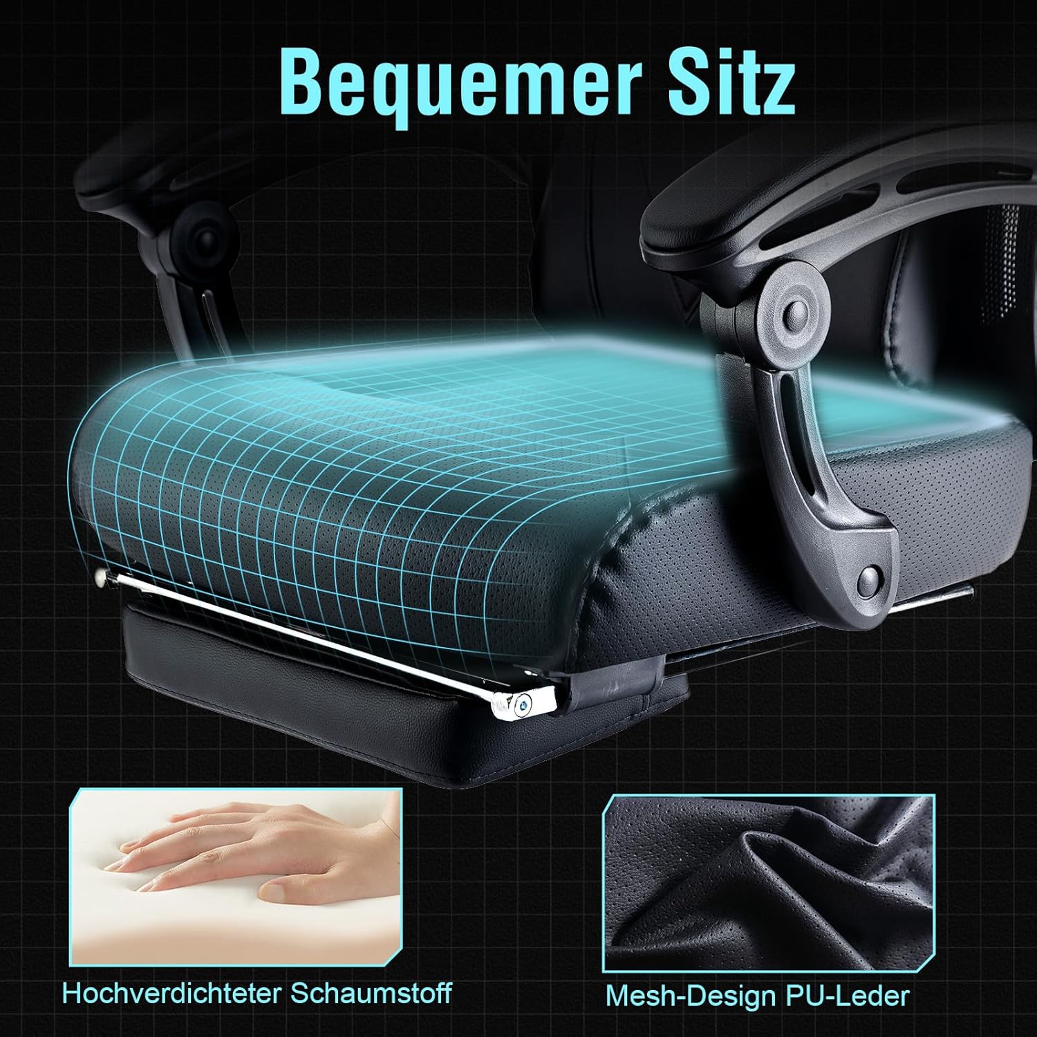 GTPLAYER Ergonomischer Bürostuhl Schreibtischstuhl Gamingstuhl Drehstuhl Verstellbarer Lordosenstütze Kopfstütze Rückenschonend Chefsessel mit Verbindungsarmlehnen Stummrädern schwarz