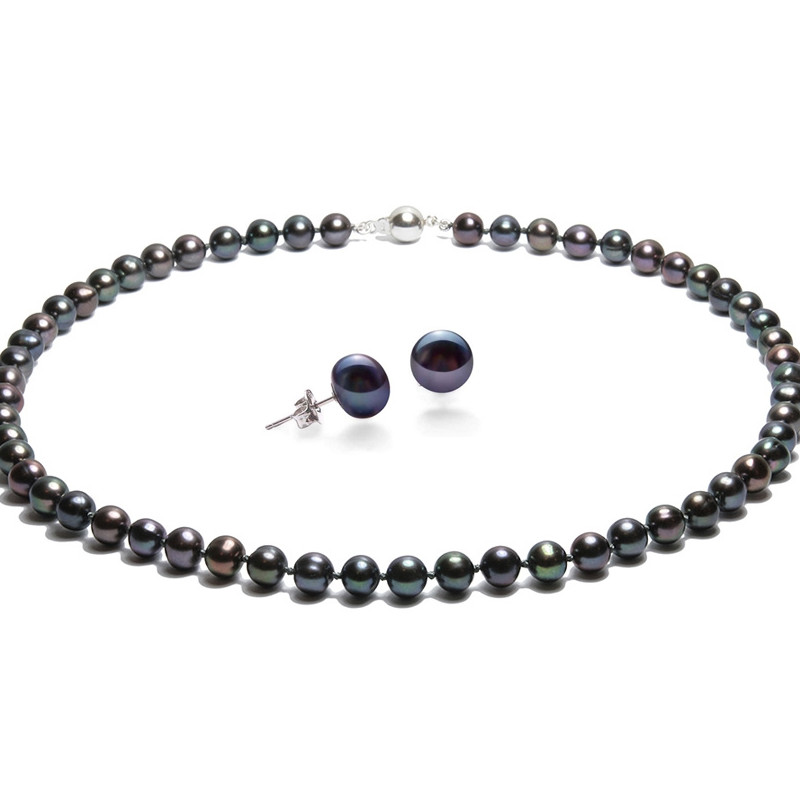 Parure Collier et Boucles d'Oreilles Perles de culture Noir et Argent 925