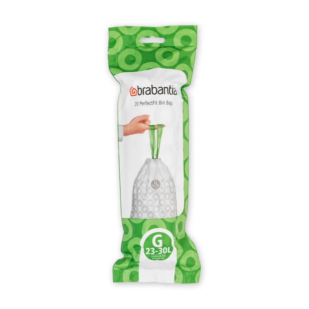 Brabantia PerfectFit afvalzak met trekbandsluiting code G, 23-30 liter, 20 stuks/rol - Wit