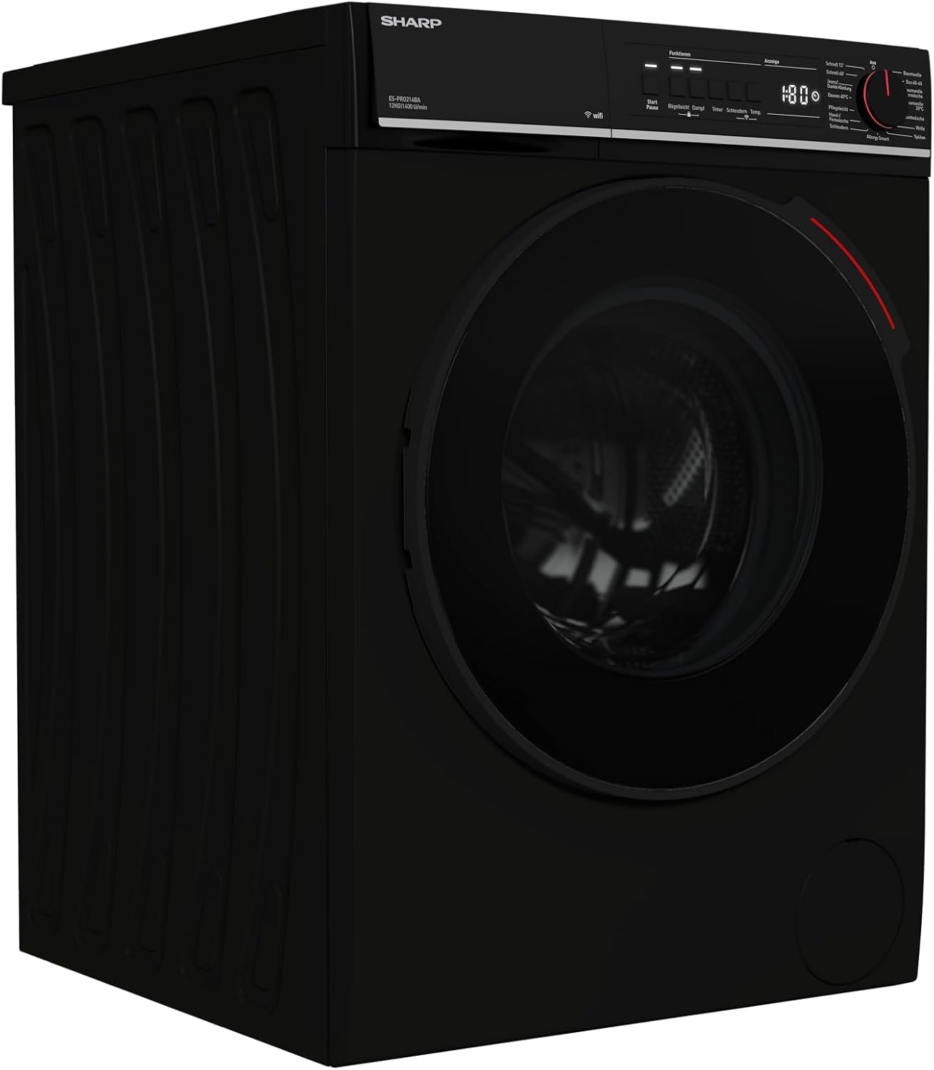 SHARP ES-PRO214BA-DE Waschmaschine Frontlader, 12kg, 1400U/min, Smarte Bedienung durch Veezy App, Dampffunktion, Inverter, 15 Programme, AquaStop, Schwarz