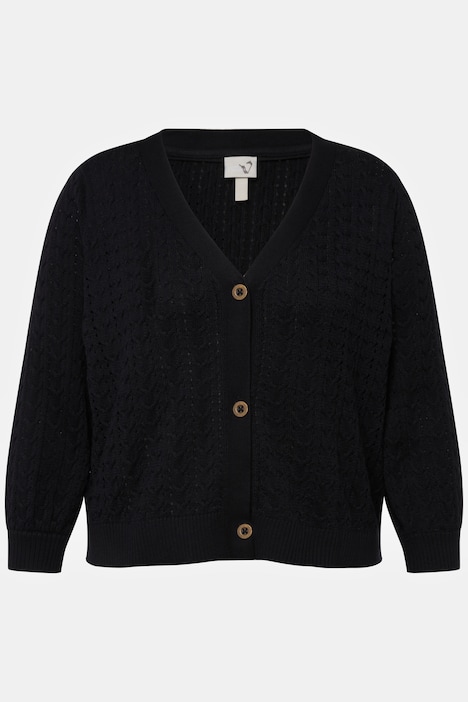 Strickjacke, Zopf-/Ajourmuster, V-Ausschnitt, 3/4-Arm