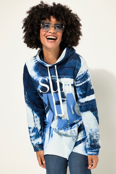 Hoodie, Jeans-Druck, Kapuze, gerundeter Saum