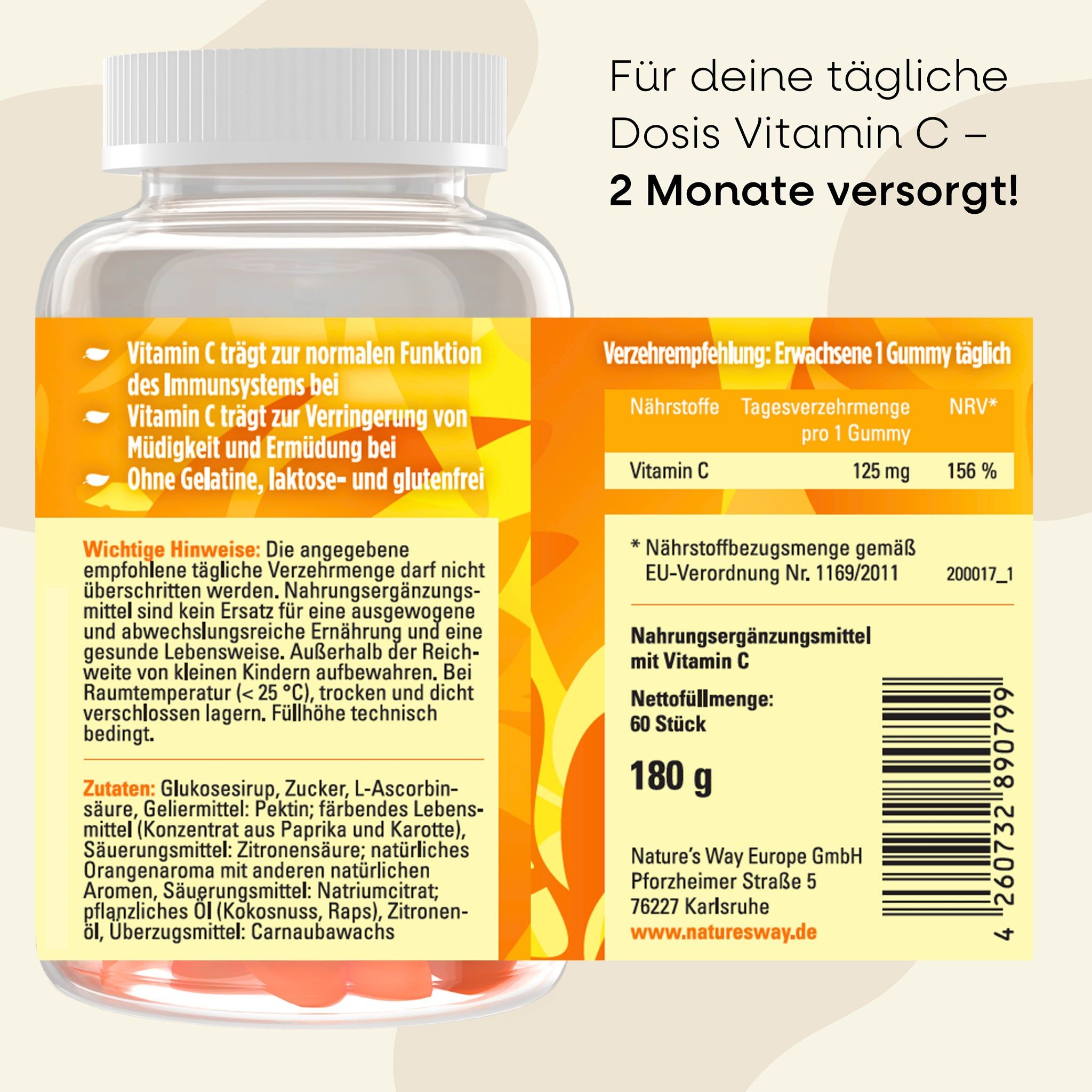 Nature's Way Vitamin C Gummies - Hochdosiert mit 125 mg je Stück, Vitamin C für Kollagenbildung