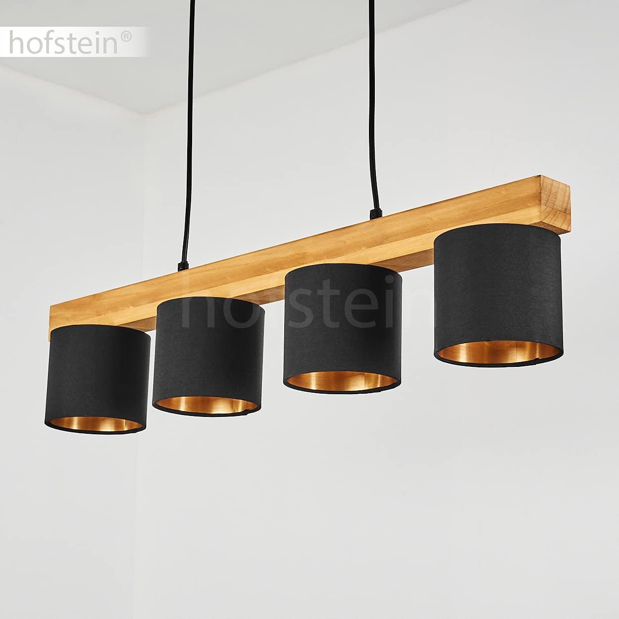 HOFSTEIN Pendelleuchte Malimea, 4-flammige Hängelampe aus Metall/Holz/Stoff in Schwarz/Natur/Kupferfarben, Hängeleuchte m. Holzbalken und Stoff-Schirmen, Höhe max. 135 cm, 4 x E14