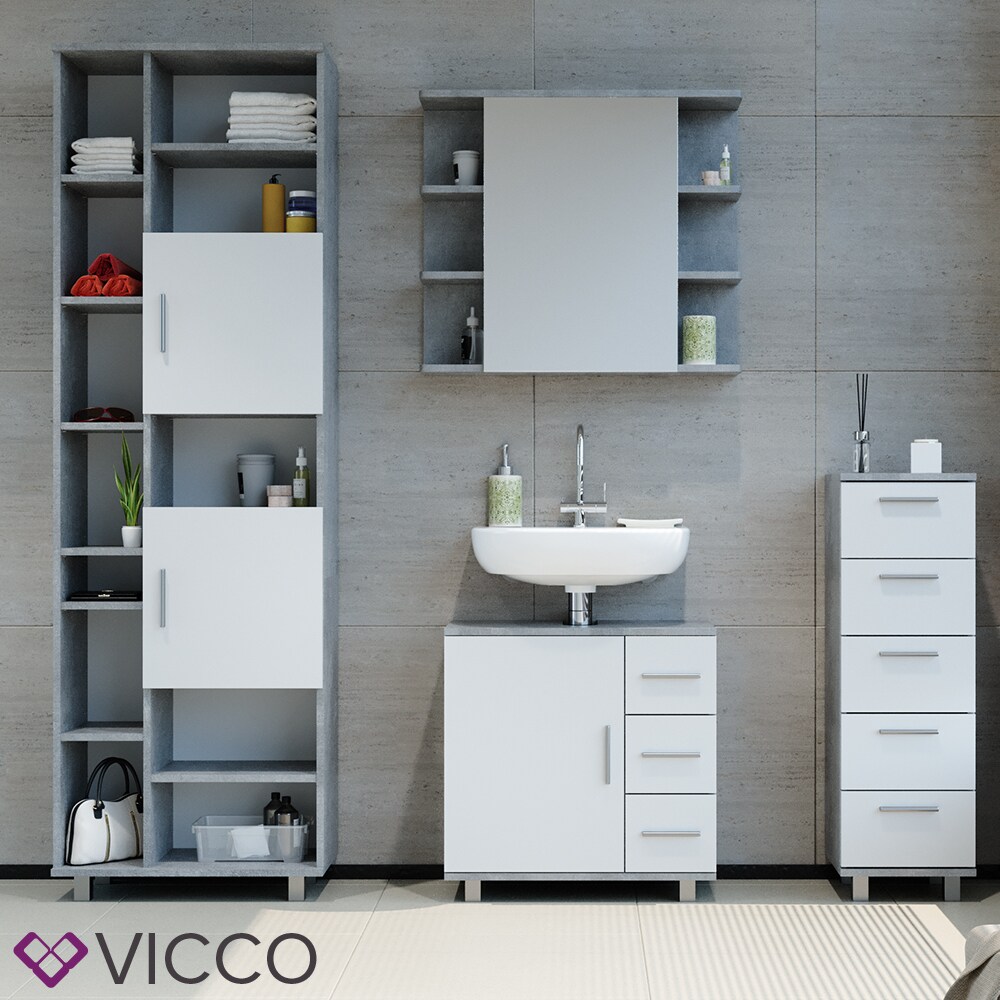 VICCO Waschbeckenunterschrank ILIAS Weiß Beton Waschtisch Unterschrank Badezimmer