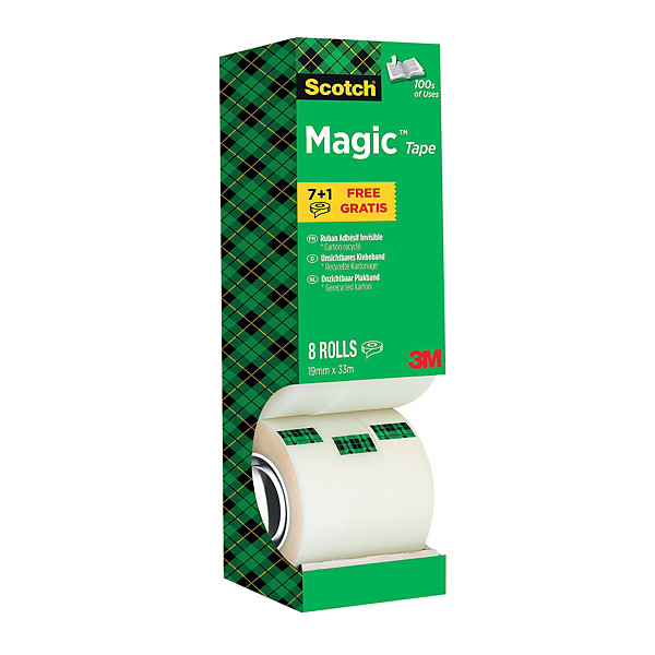 Boîte distributrice 8 rubans adhésifs Scotch Magic Invisible 19 mm x 33 m