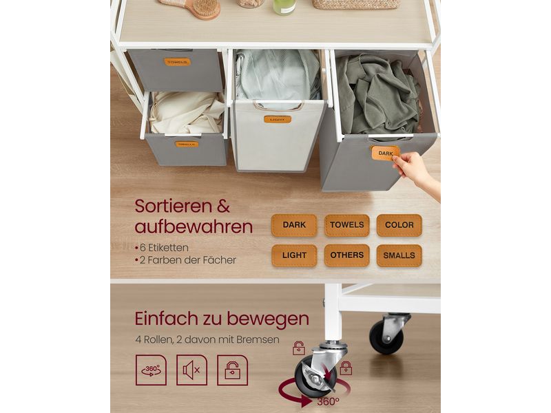 VASAGLE Wäschekorb  mit 4 Körben 150 l, Beige/Taubengrau/We Wäschesammler