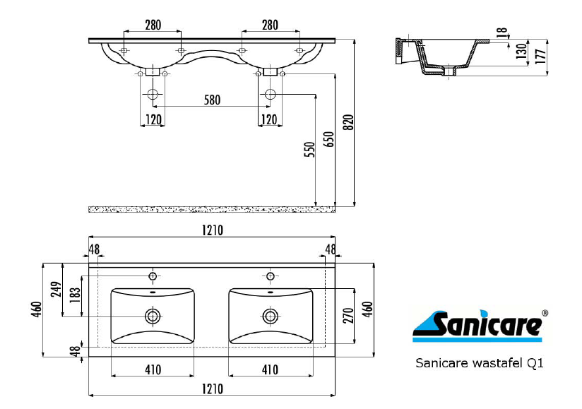 Sanicare Q1 keramische dubbele wastafel 121x46cm wit