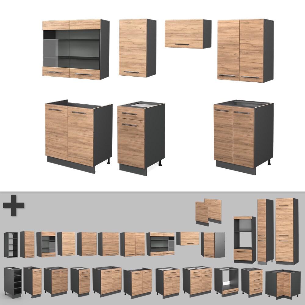 Vicco Küchenzeile Küchenblock Einbauküche Fame-Line Anthrazit Eiche 240 cm modern Küchen Schränke Spülenunterschrank Schubunterschrank Hängeschrank Hängeglasschrank