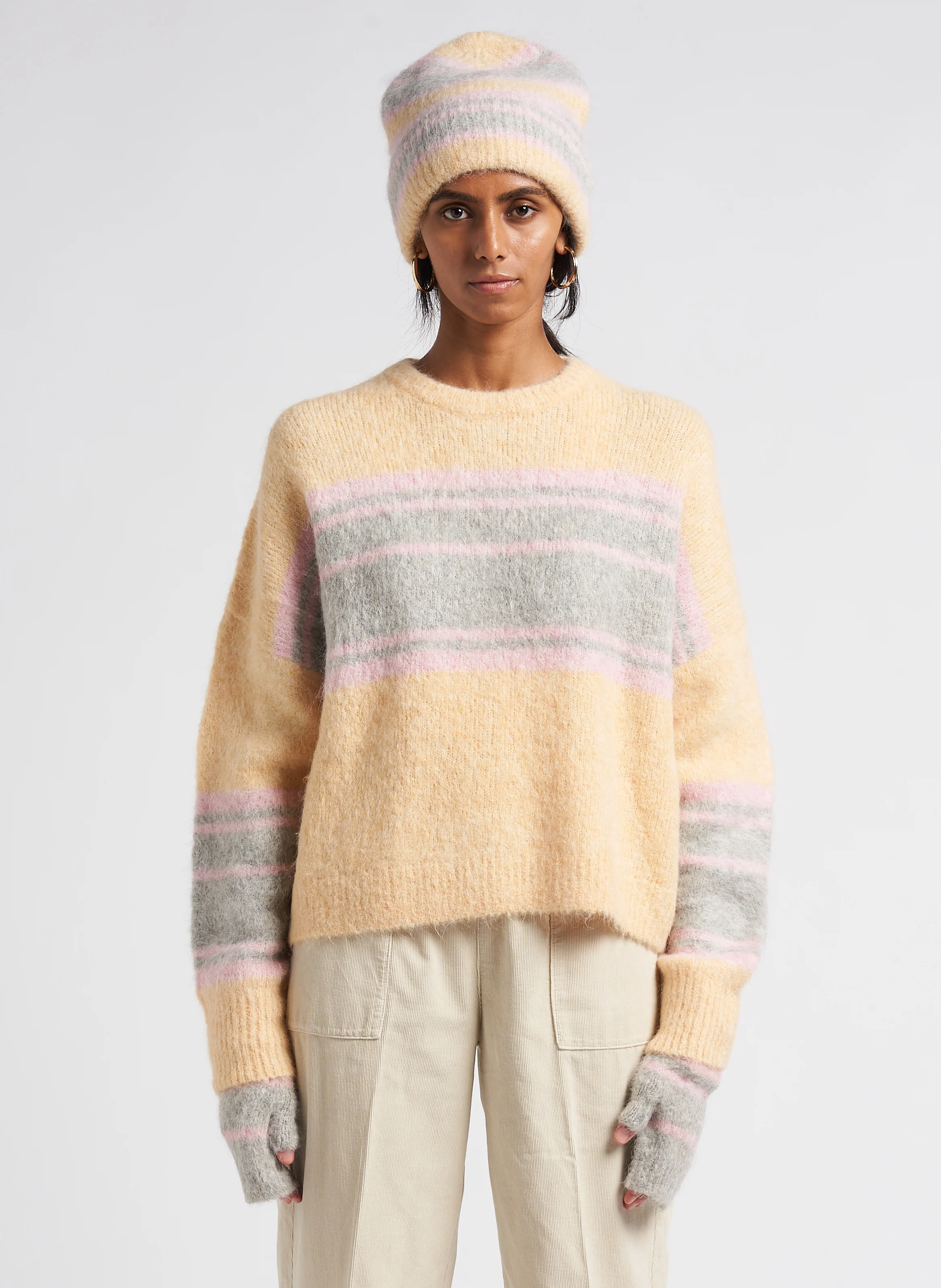 MILA - Pull ample col rond rayé en alpaga mélangé | Gris