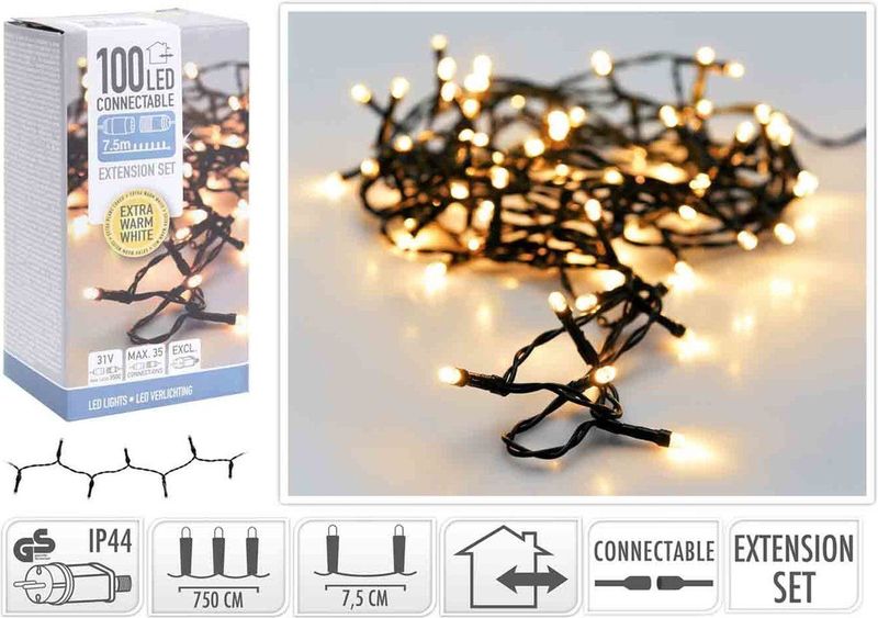 Koppelbare Kerstverlichting extensionset - 100 LED - 7.5m - warm wit