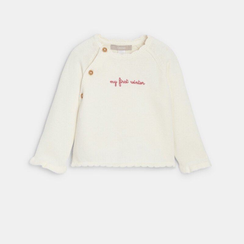 Pull et pantalon maille tricot brodée rose bébé fille Beige