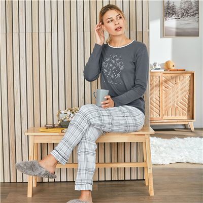 Pyjama femme jersey uni et carreaux