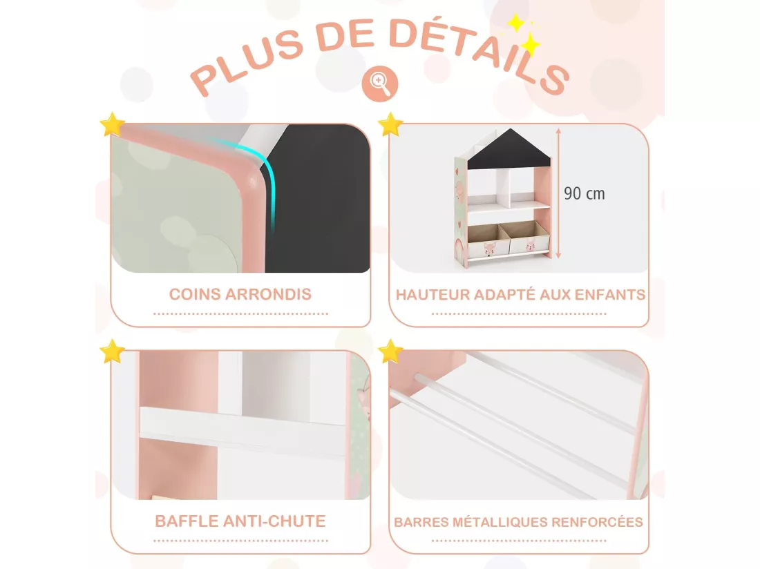 Bibliothèque enfant avec tableau noir & blanc, 2 tiroirs en tissu (rose)