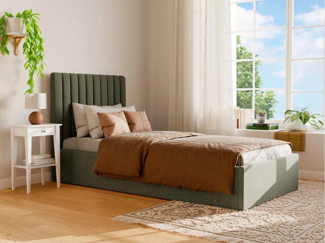 Lit coffre 90 x 190 cm avec tête de lit coutures verticales - Tissu - Kaki - SARAH