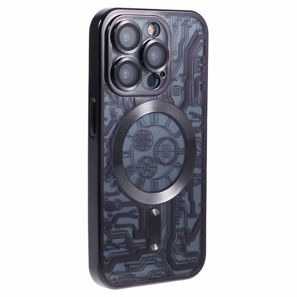 iPhone 15 Pro Max MagSafe Gummi Case Hülle Galvanisierter Rahmen im Mechanischen Zahnrad Design   Kameraglasschutz - Schwarz