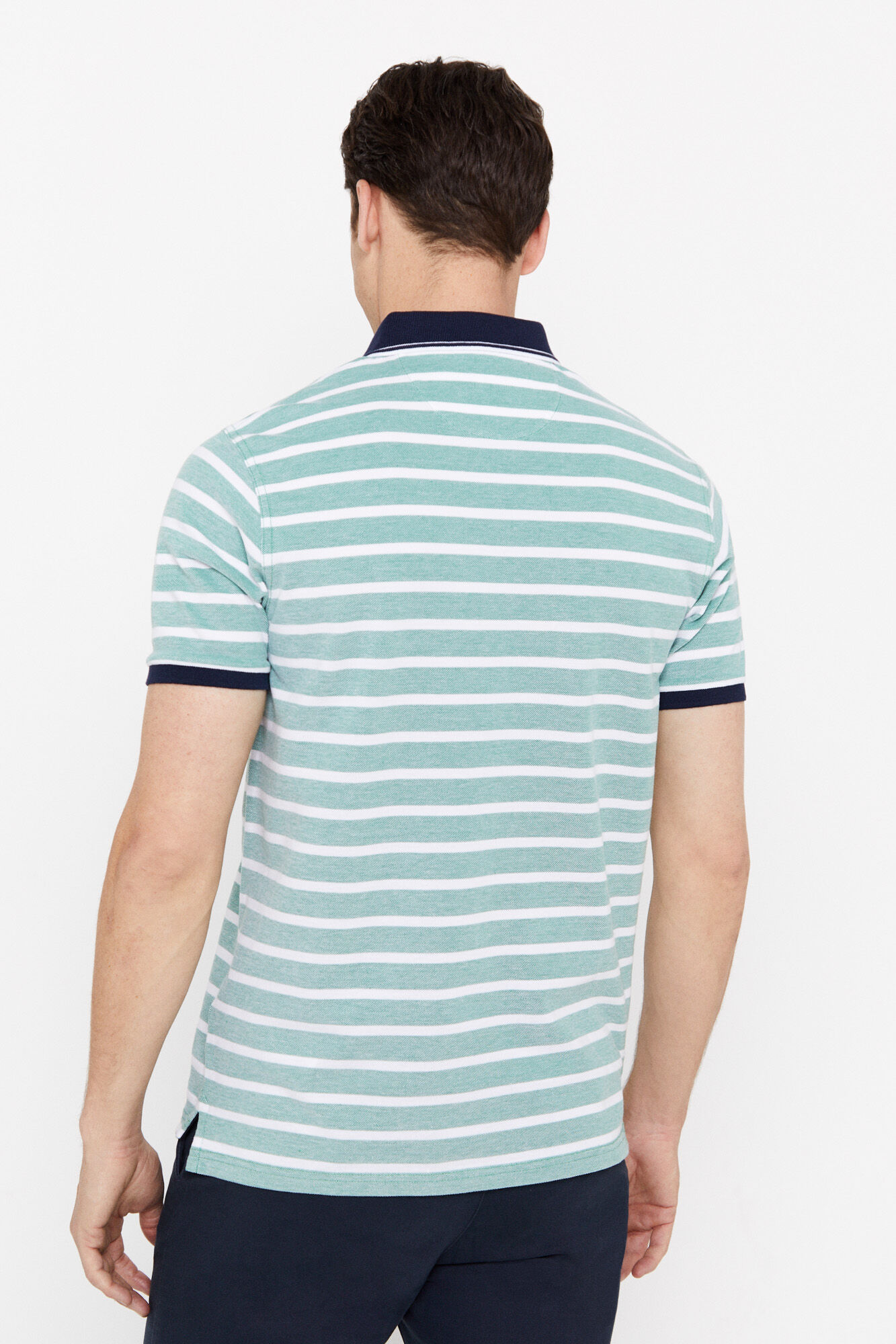 Camisa polo oxford listrada com gola contrastante - Verde