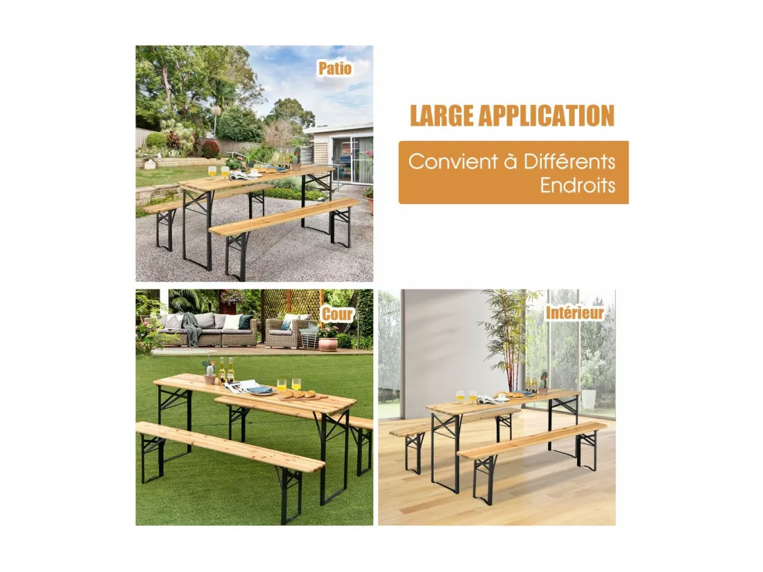 Ensemble Table Pliante et Bancs de Pique-Nique pour 4 personnes, Set de Table et Chaises en Bois pour Camping avec Tubes d'acier Pulvérisé Résistant aux Intempéries
