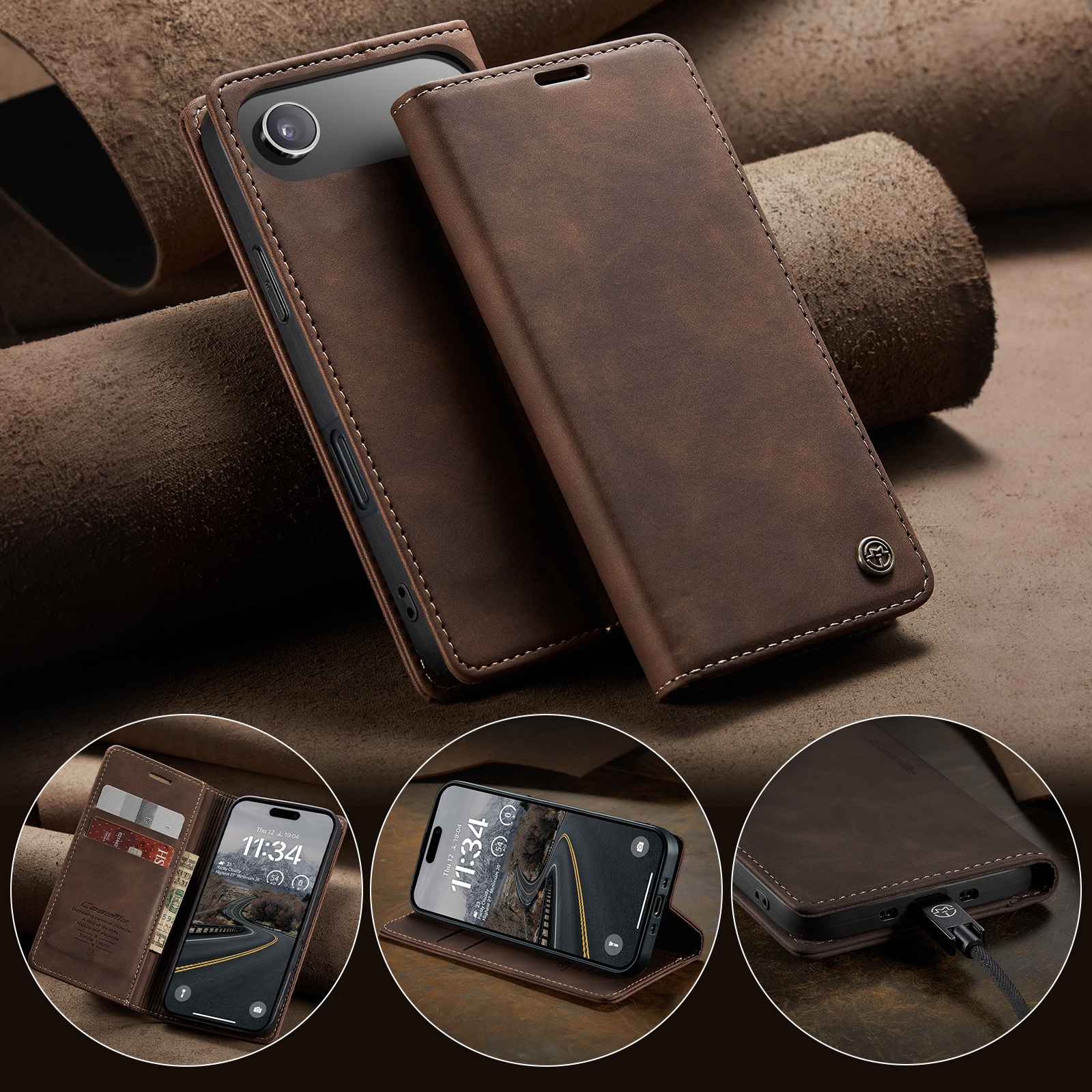 iPhone Air Leder Tasche Flip Wallet Etui mit Kartenfächern - Braun
