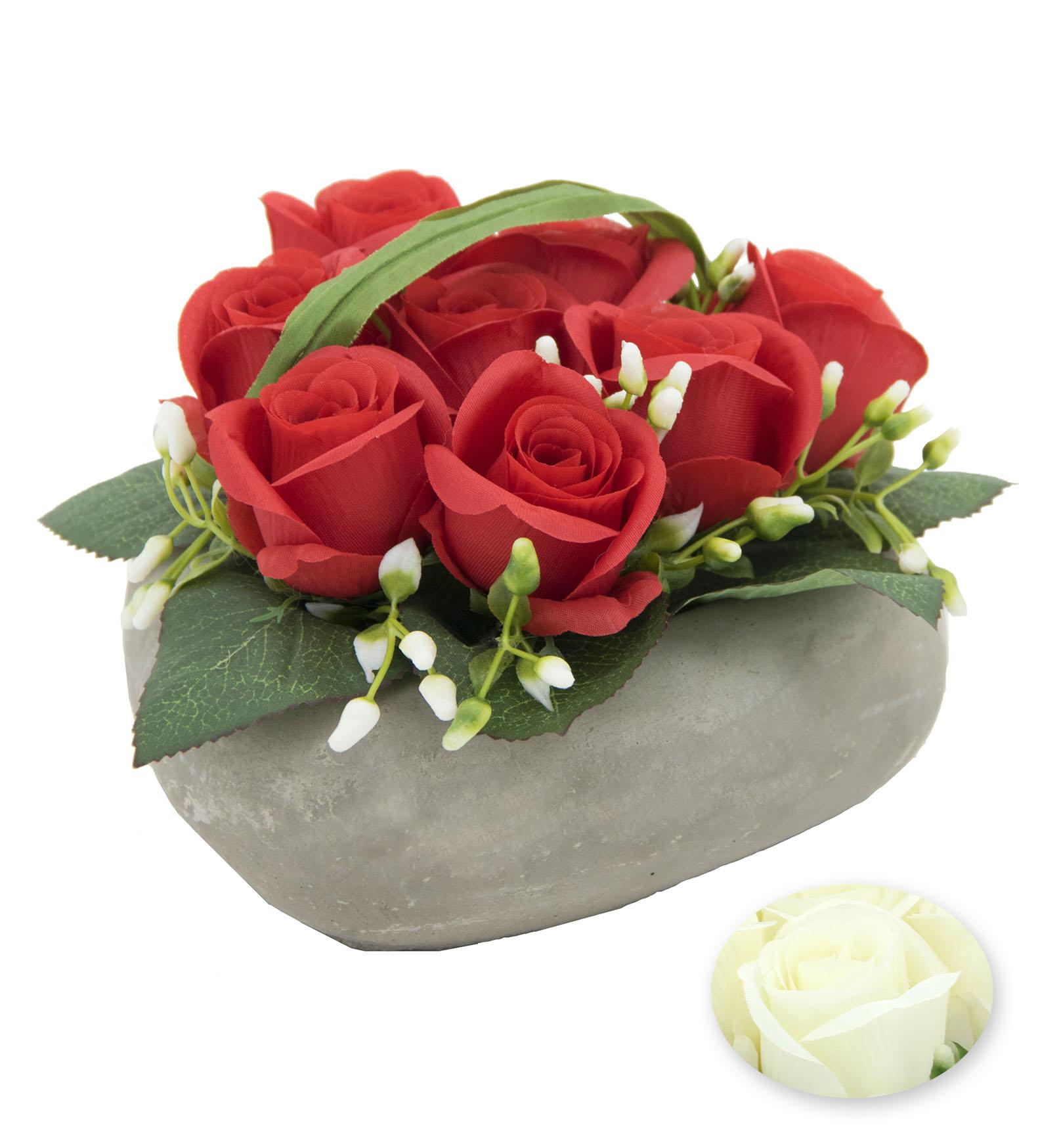 8 BOUTONS ROSES COEUR CIMENT H.12CM ROUGE ET BLANC
