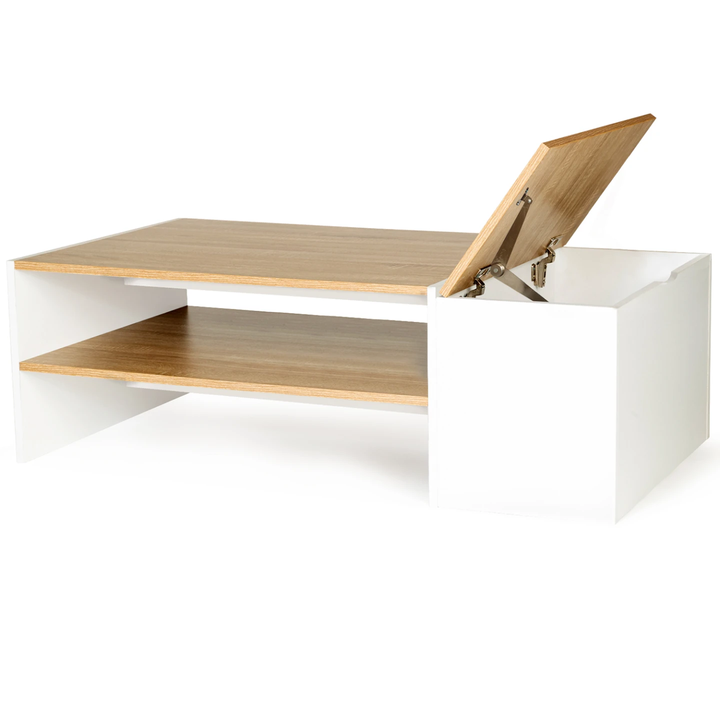 Table basse bar contemporaine rectangulaire IZIA avec coffre blanc et plateaux bois