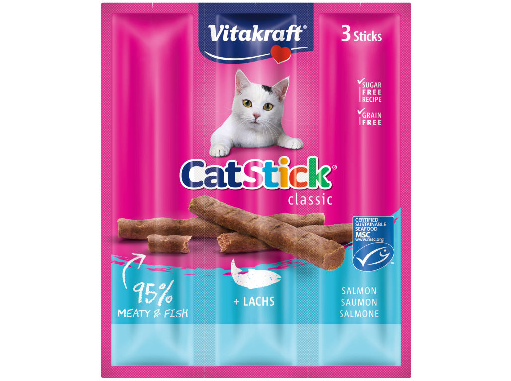 SNACKS PARA GATO VITAKRAFT MINI STICKS COM SALMÃO PACK 3 UNIDADES