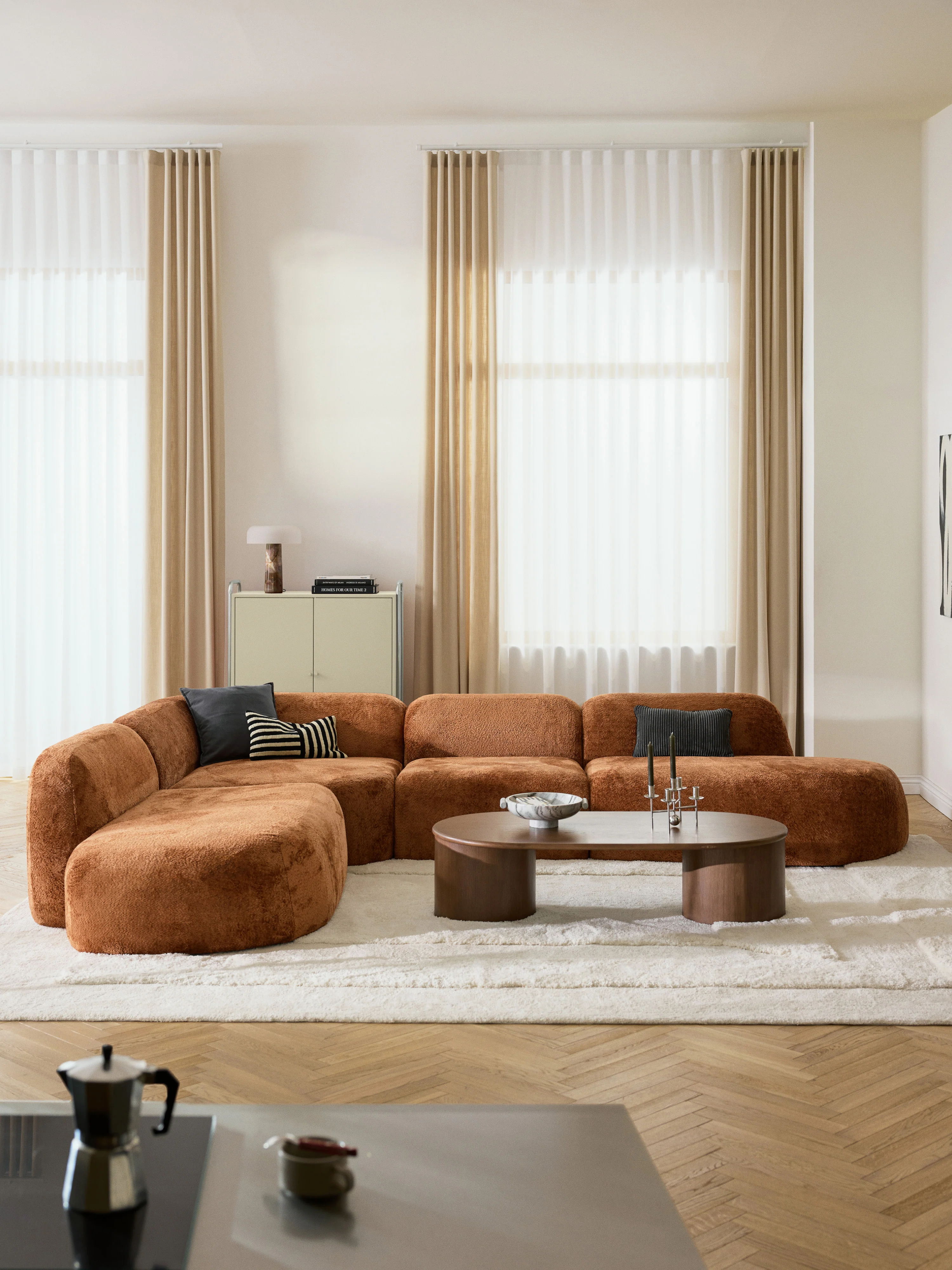 XL modulaire teddy bouclé hoekbank Wolke (4-zits) met chaise longue