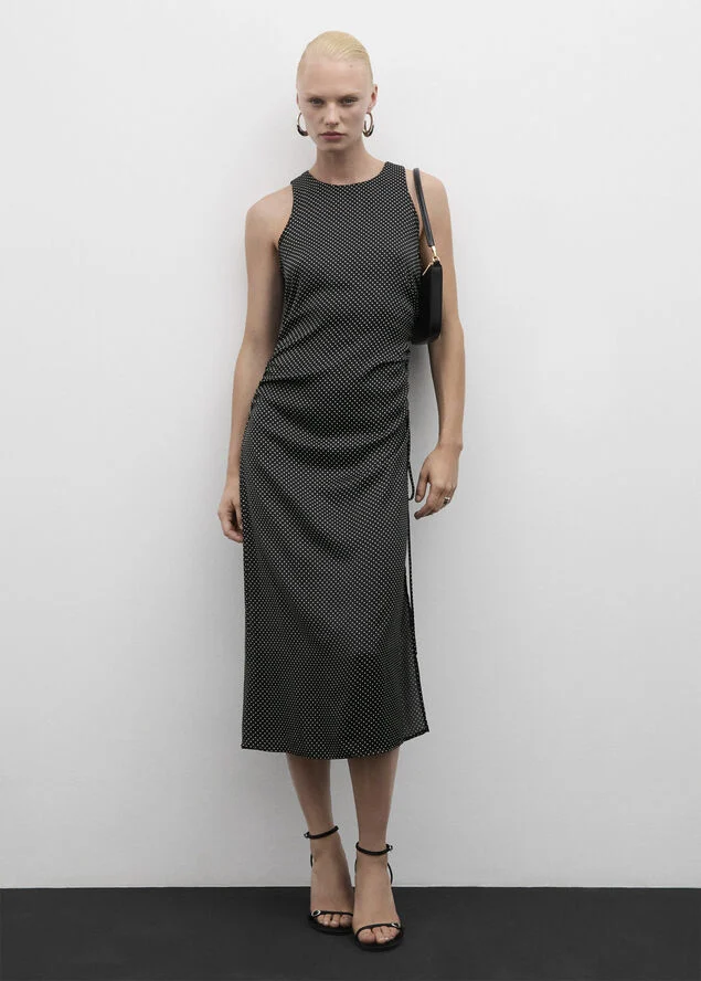 MANGO Side gathered polka dot dress Black