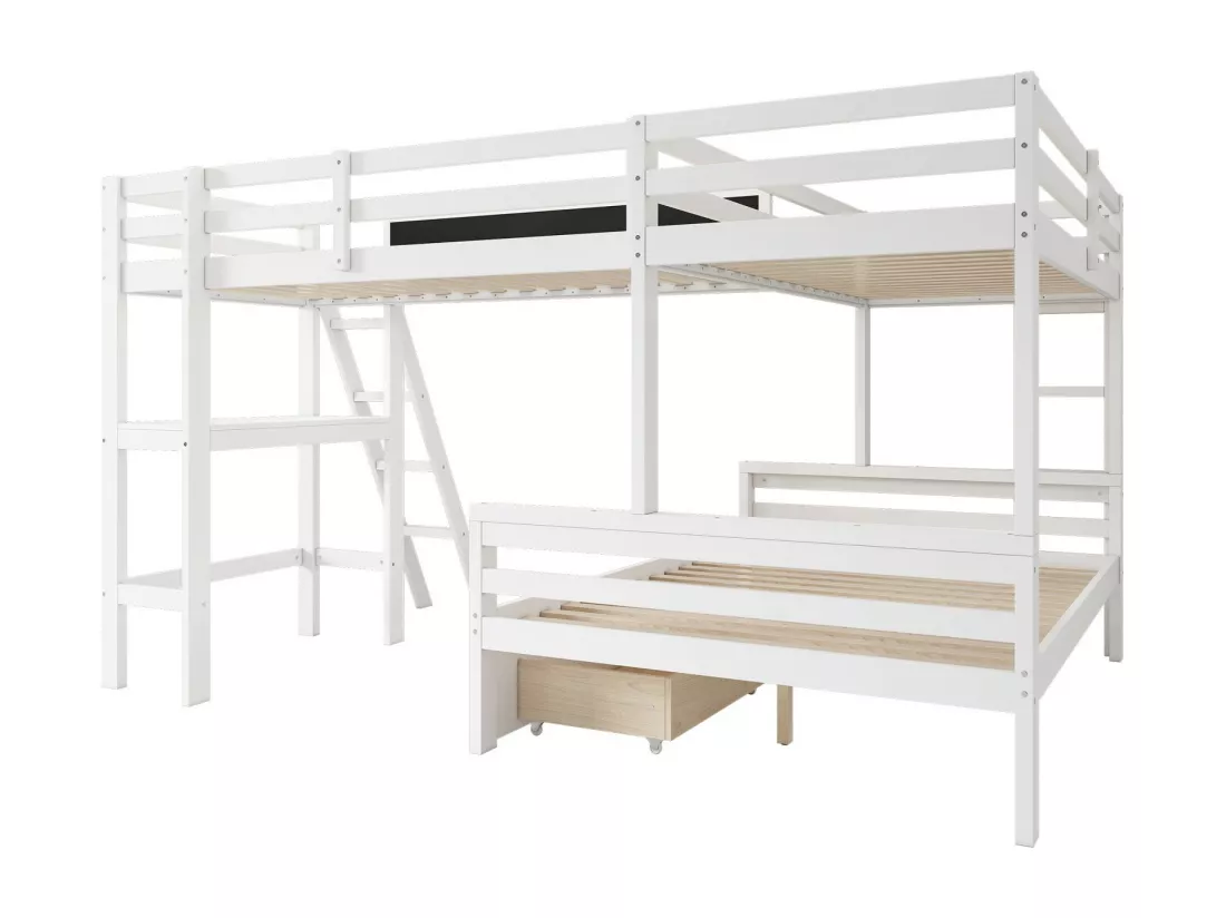 Lits Superposés Pour 3 Enfants, 2x90x200cm et 140x200cm, avec tiroirs de rangement, Blanc