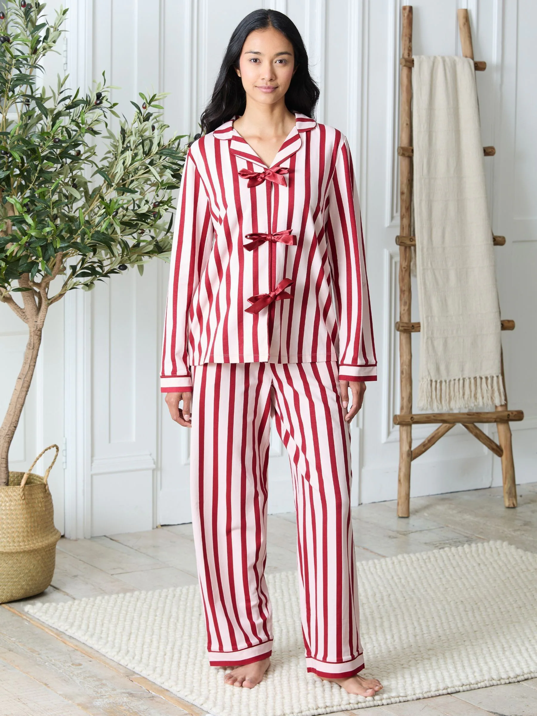 Chelsea Peers Cotton Stripe Tie Front Long Pyjamas Set