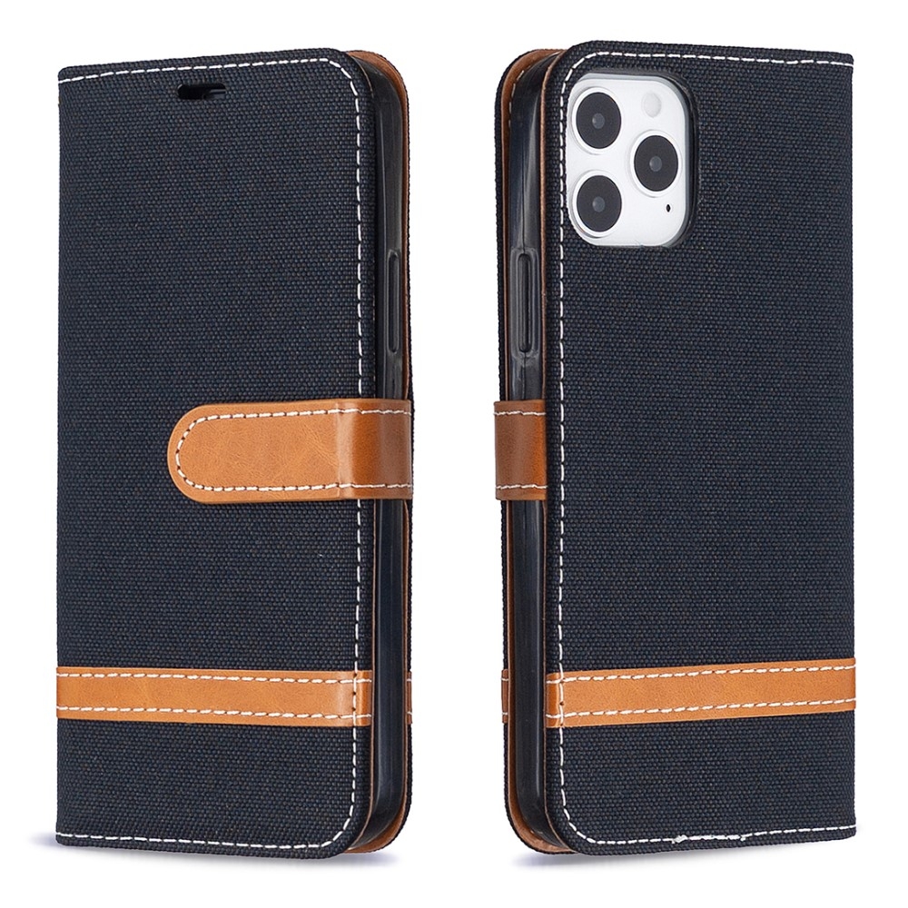 iPhone 12 / iPhone 12 Pro Stoff Tasche im Jeans Look mit Kartenfach   Magnetverschluss - Schwarz / Braun