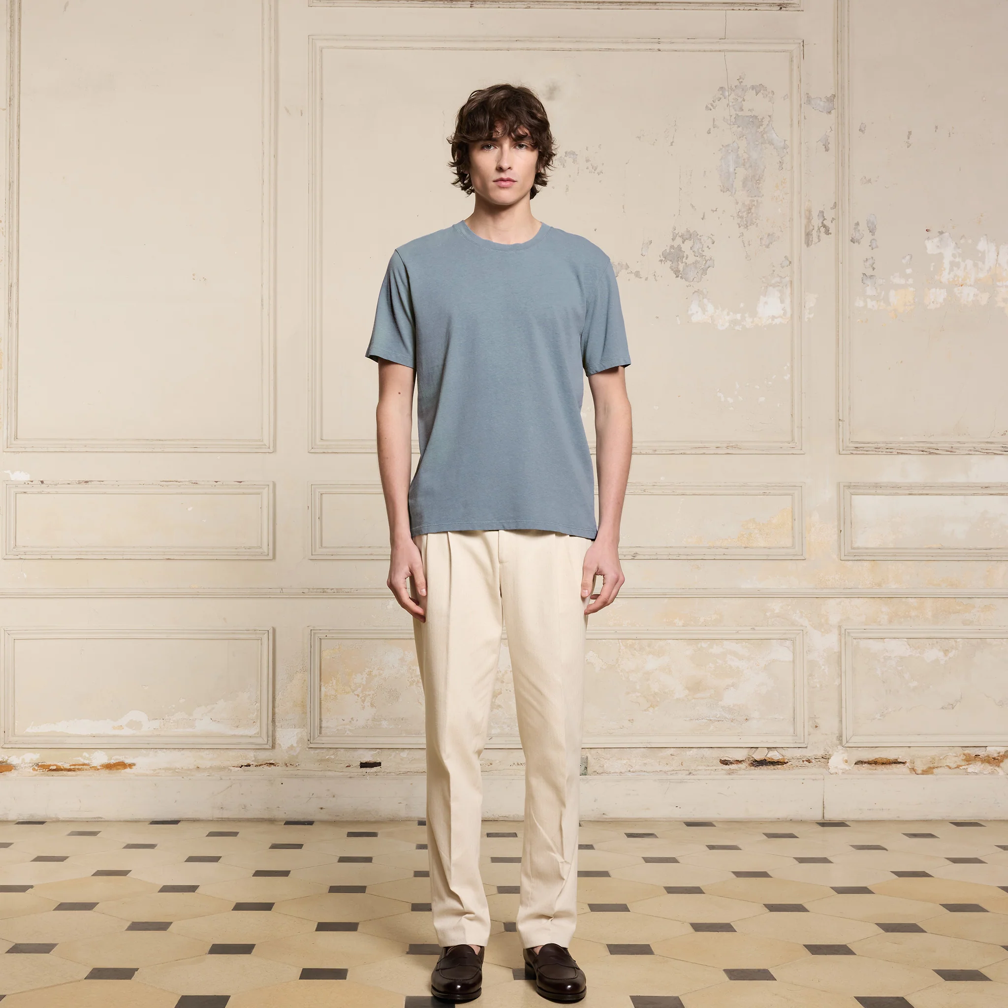 Sky blue cotton and linen T-shirt