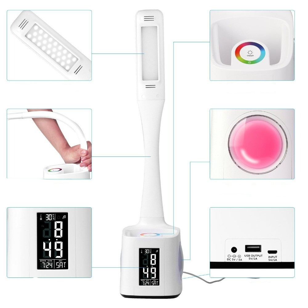 (10W) 6in1 LED Schreibtisch Lampe Dimmbare Tischleuchte mit Stift Halter / Kalender / USB Anschluss - Weiss