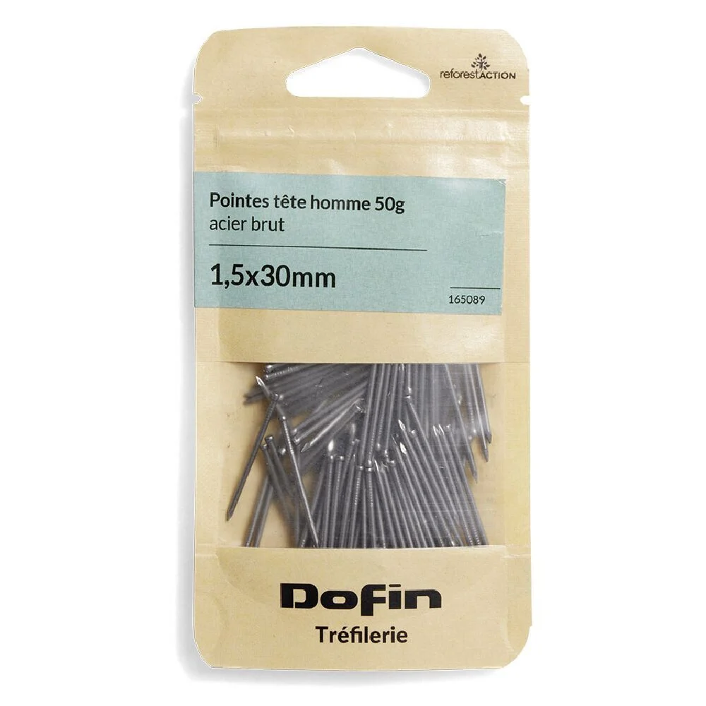 50g pointes tête homme acier brut - 1,5x30 mm