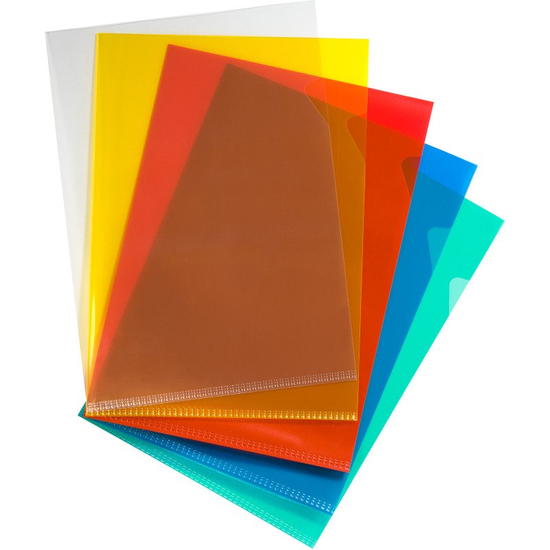 Chemise coin plastique Bruneau A4 PVC 20/100e transparente couleurs assorties - Paquet de 100