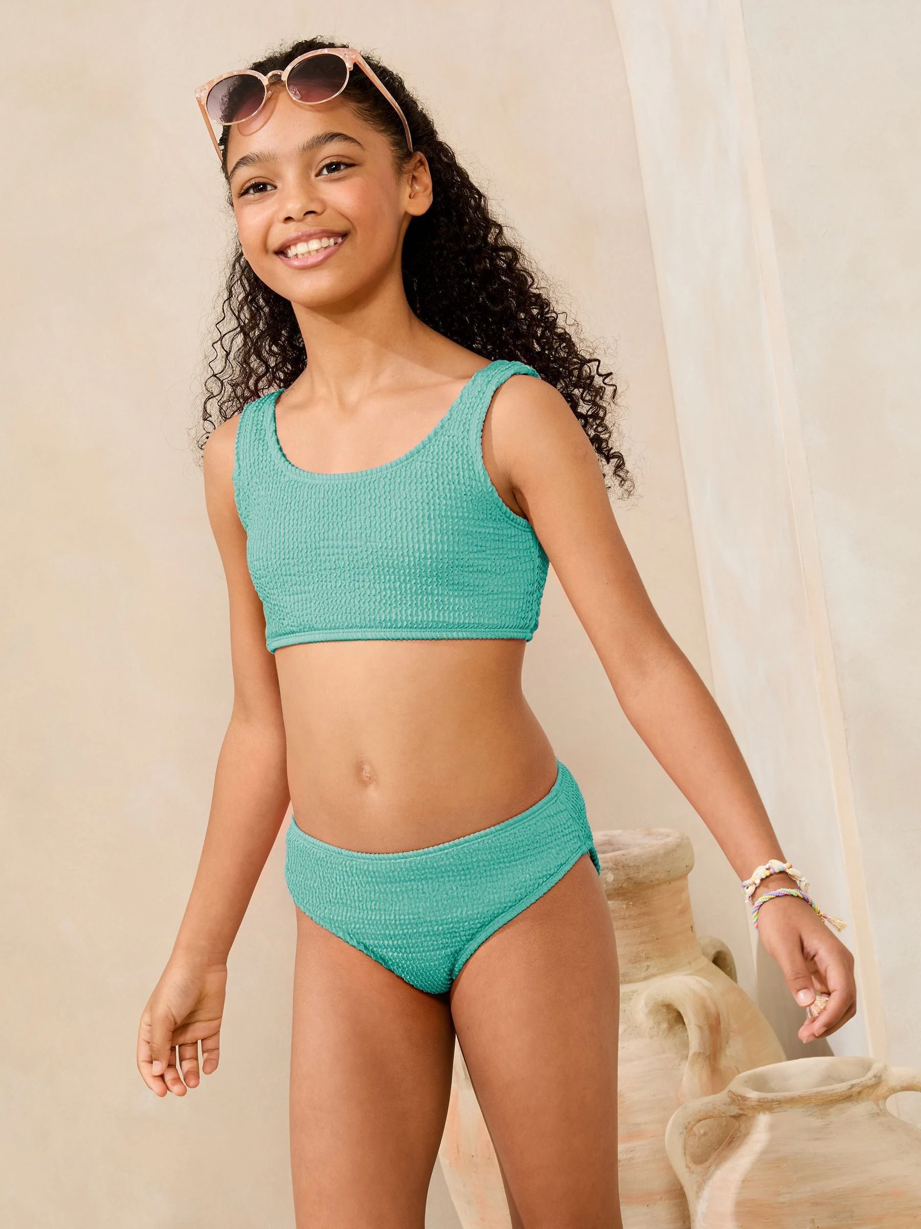 Blauw - Lipsy bikini met diepe ronde hals, textuur (5-16 jr)