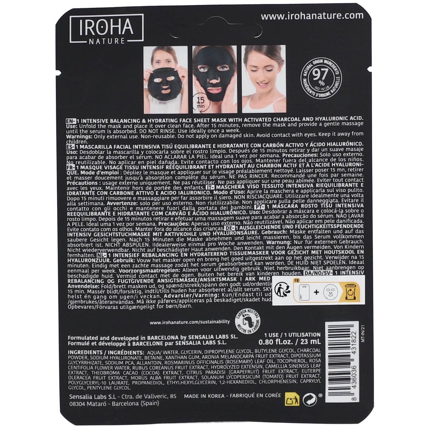IROHA NATURE Entgiftende und feuchtigkeitsspendende Holzkohle-Maske