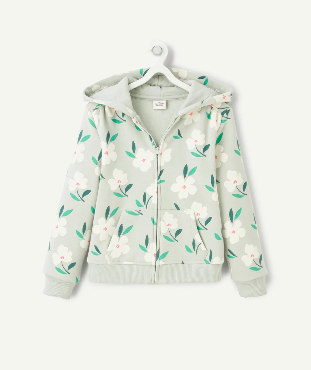 GILET À CAPUCHE FILLE EN FIBRES RECYCLÉES VERT AVEC IMPRIMÉ FLEURI