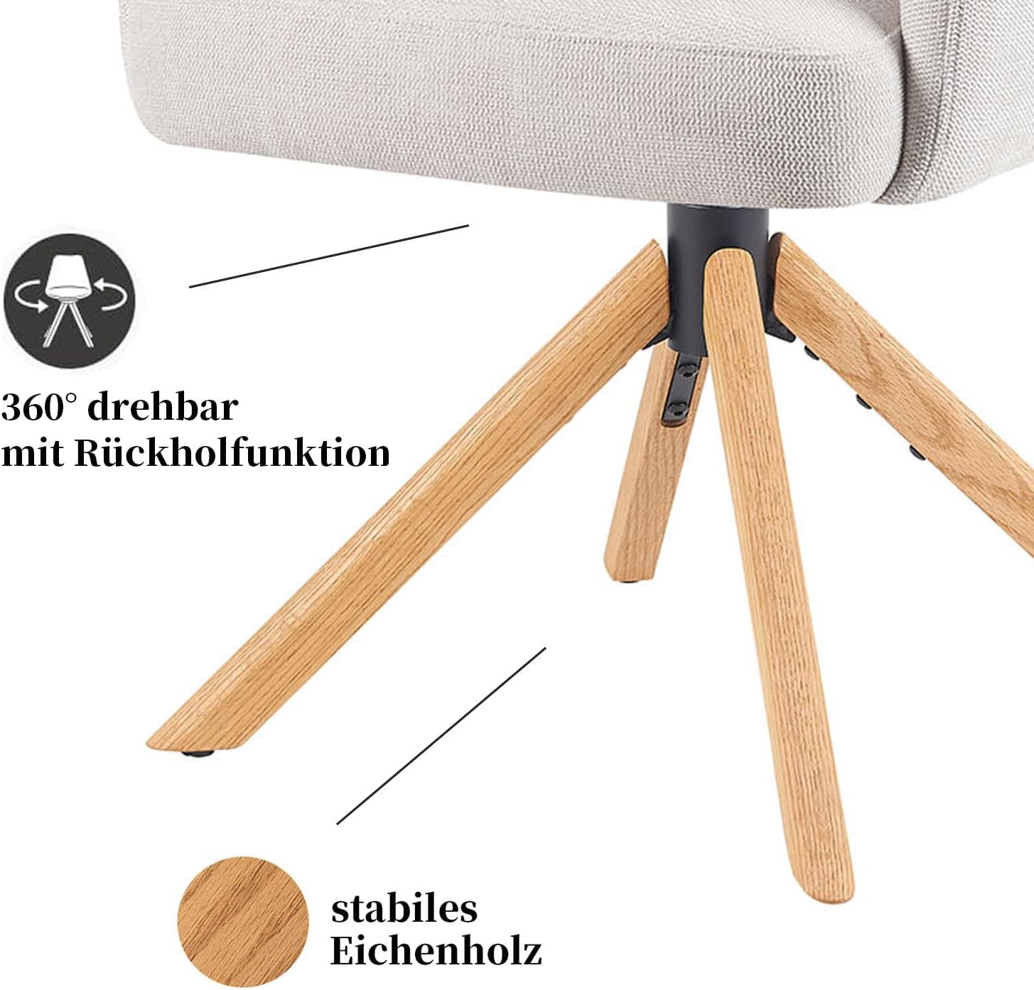 DUBI Möbel Esszimmerstühle 2er Set 360° drehbar mit Rückstellfunktion, Taschenfederkern, hoher Sitzkomfort, bis 150 kg belastbar, Stoff Creme, Eiche Massivholzgestell geölt (Natur), Mika-Jule