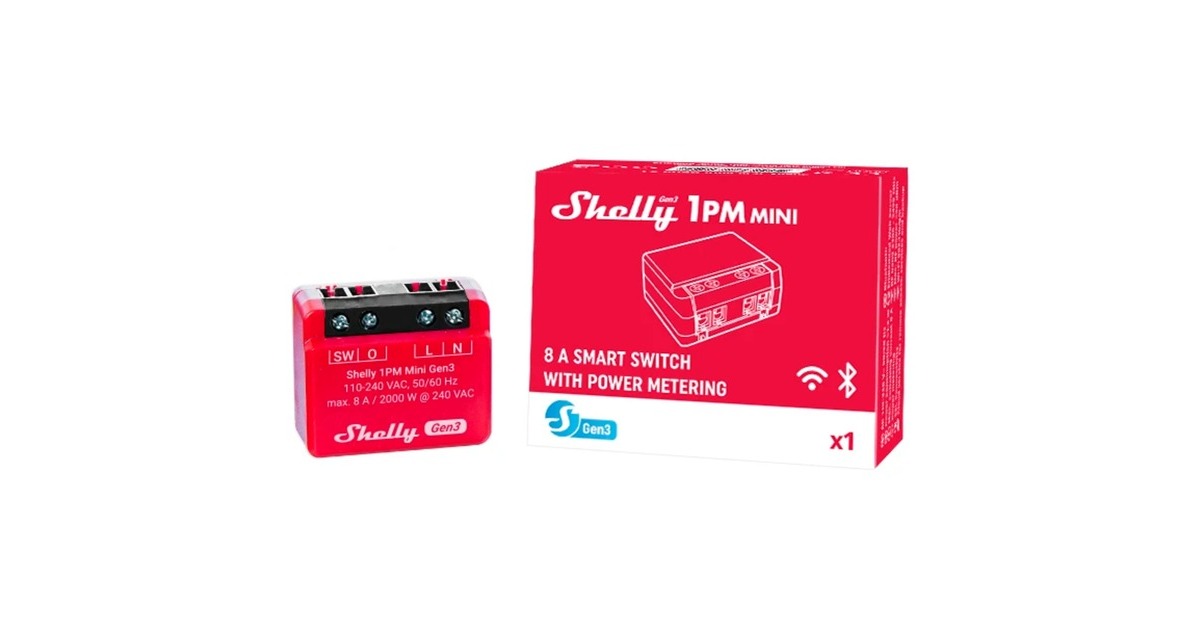 ShellyPlus 1PM Mini Gen3 relais  (Rood/zwart, Wifi)