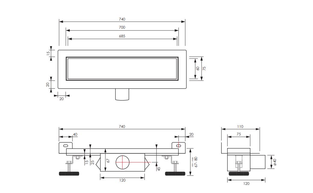 Brauer douchegoot 70x7cm met multifunctioneel rooster en muurflens RVS geborsteld