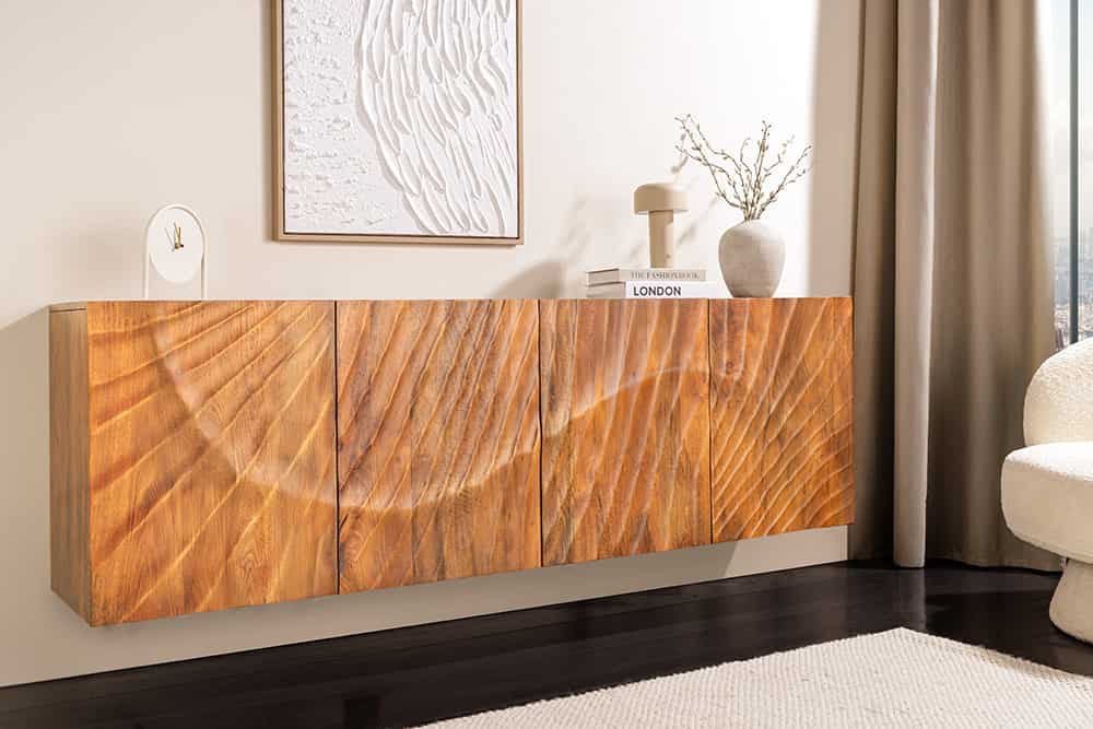 Massives Sideboard SCORPION 180cm braun hängend Mangoholz mit 3D Schnitzereien